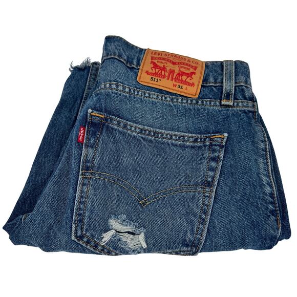 Levi's 511 Jean Shorts Mens 31 (32x11 ACTUAL) Distressed Slim Cut Off Blue Denim - Picture 1 of 8